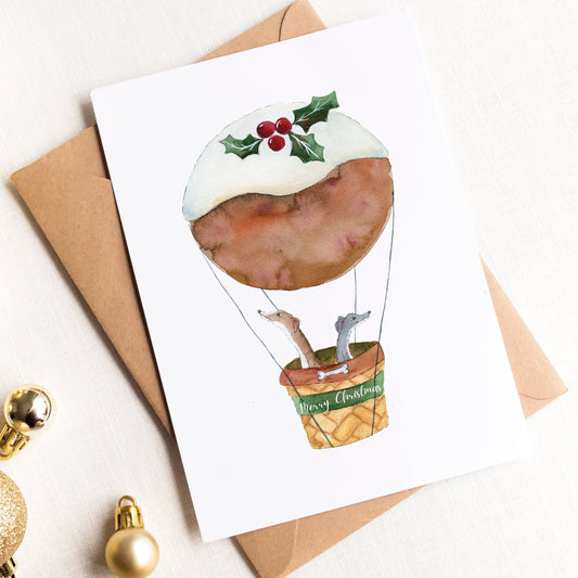 Whippet Christmas Card | Christmas Pudding Balloon