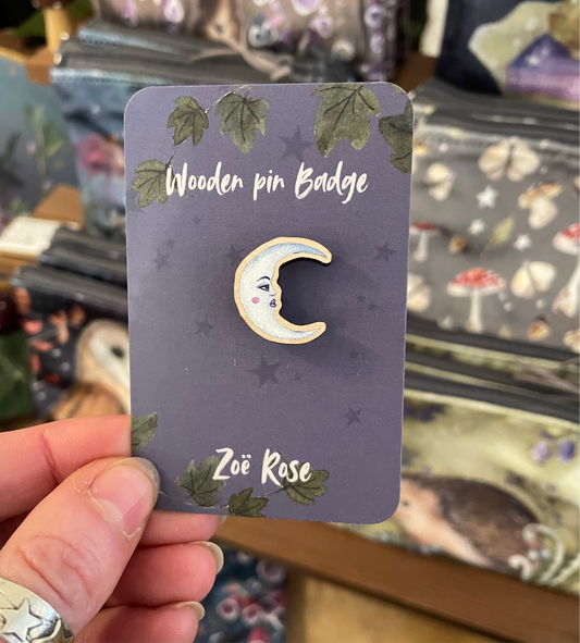 Moon Wooden Pin Badge