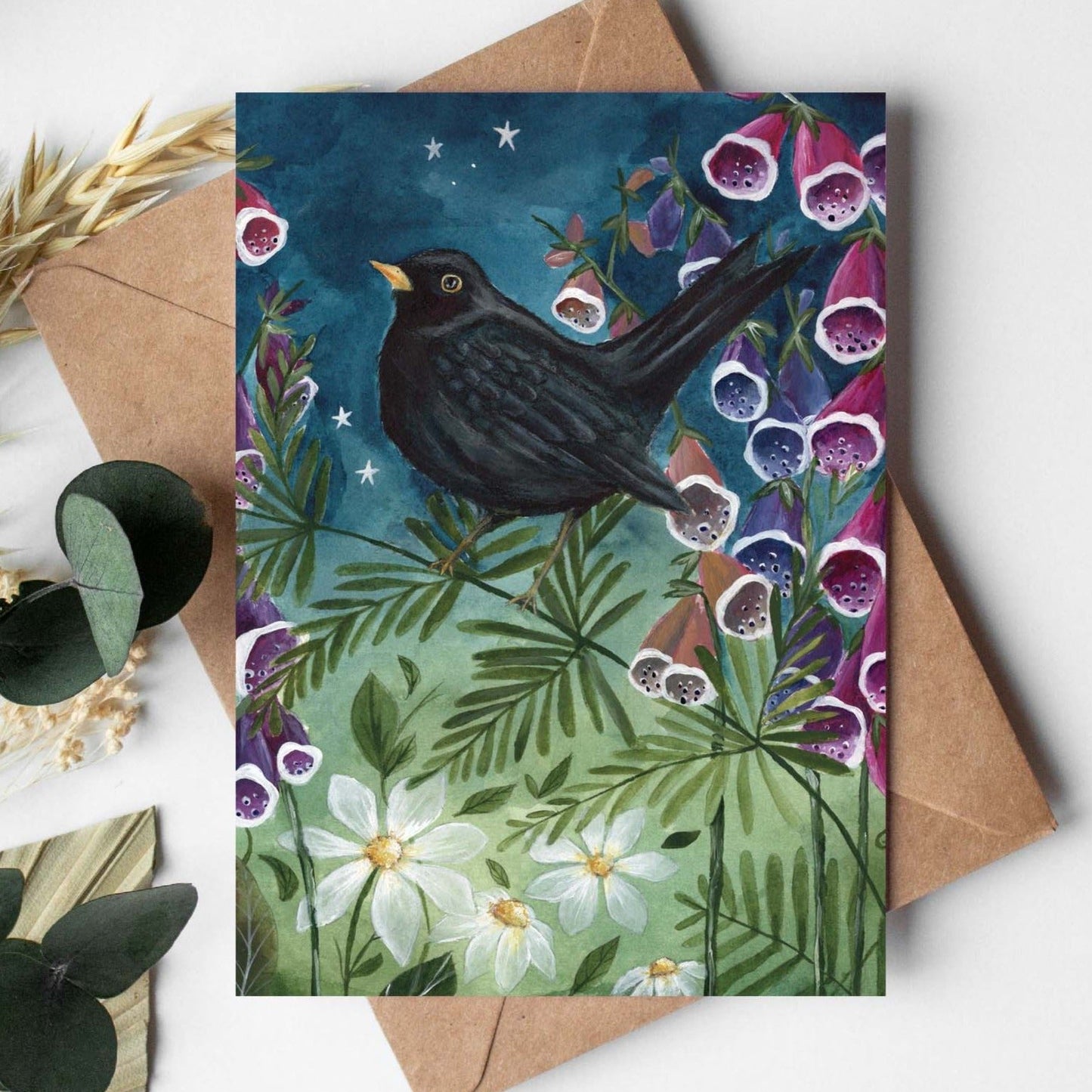 Black Bird & Foxgloves | Woodland Magic Greeting Card