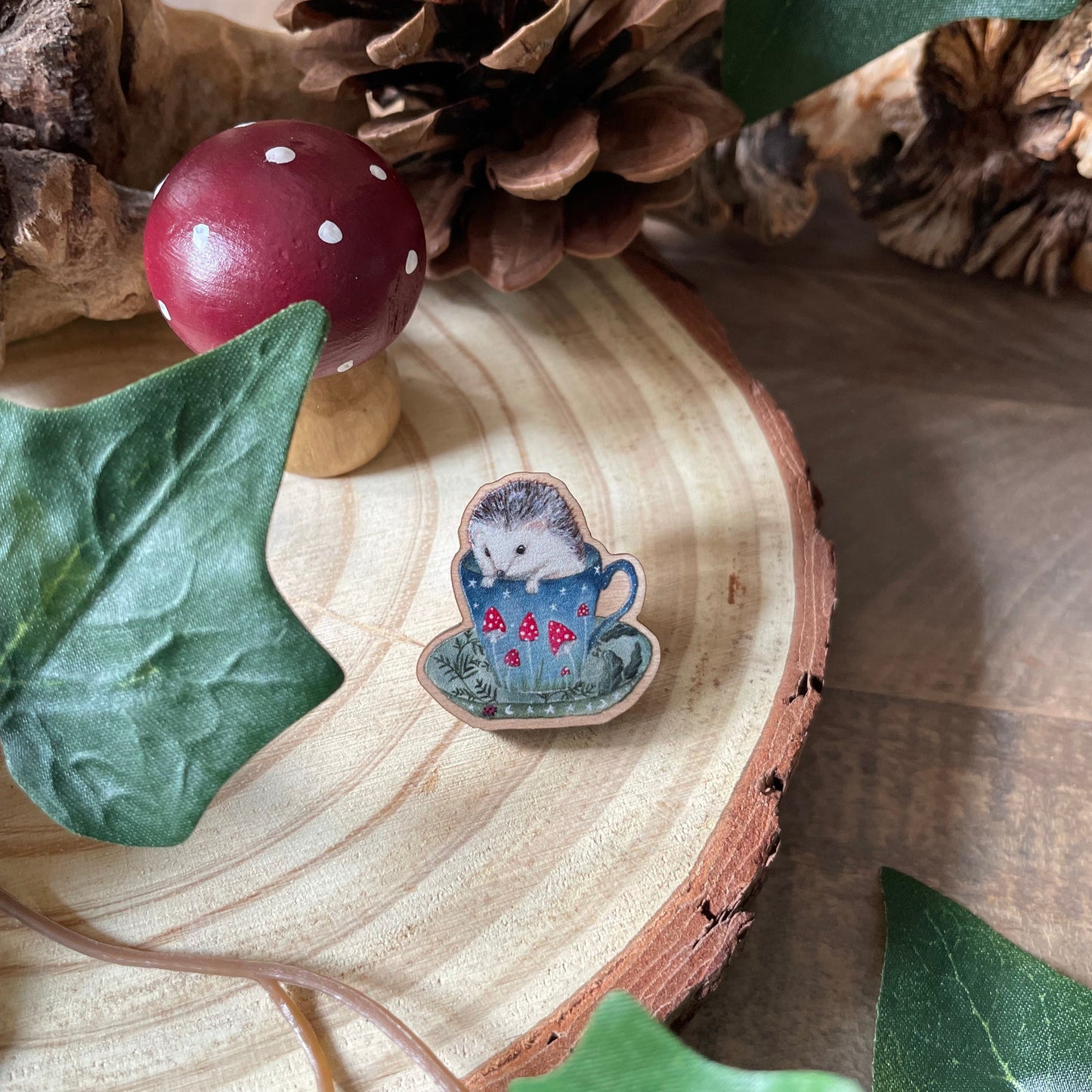 Hedgehog Wooden Pin Badge | Woodland Tea