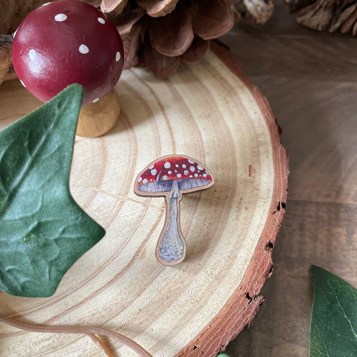 Toadstool Wooden Pin Badge | Red Toadstool