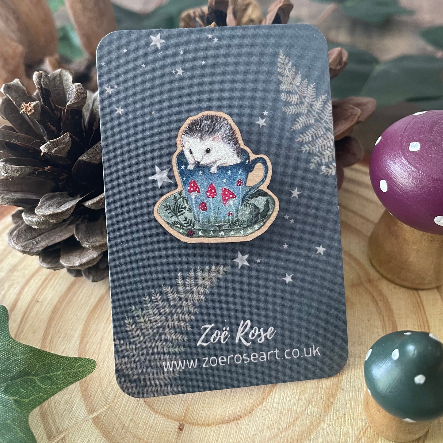 Hedgehog Wooden Pin Badge | Woodland Tea