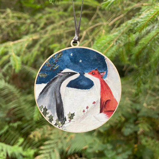 Fox & Badger Yule Encounter | Wooden Tree Decoration