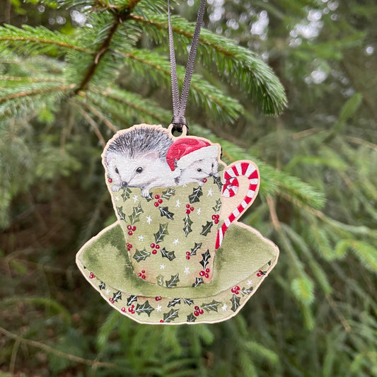 Hedgehog Teacup | Wooden Tree Decoration