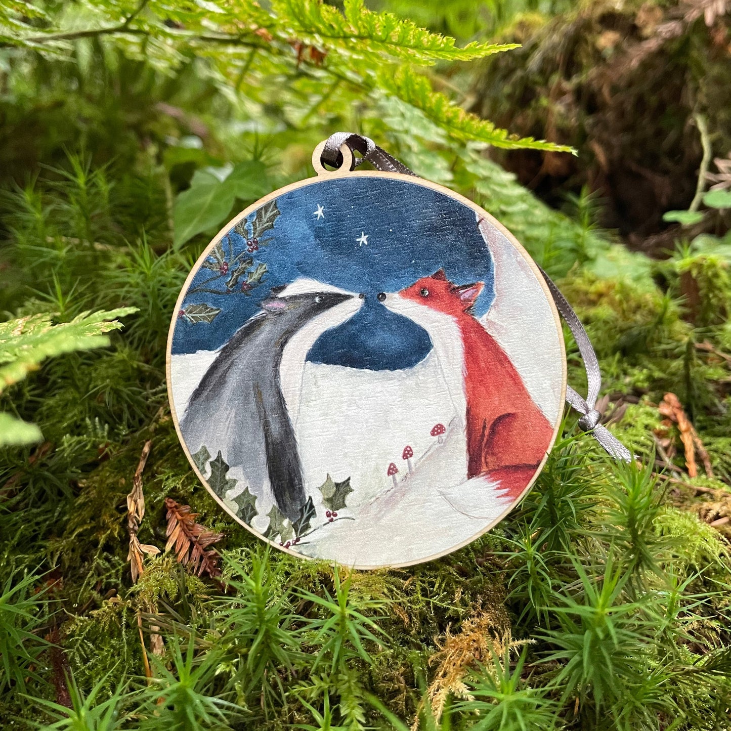 Fox & Badger Yule Encounter | Wooden Tree Decoration