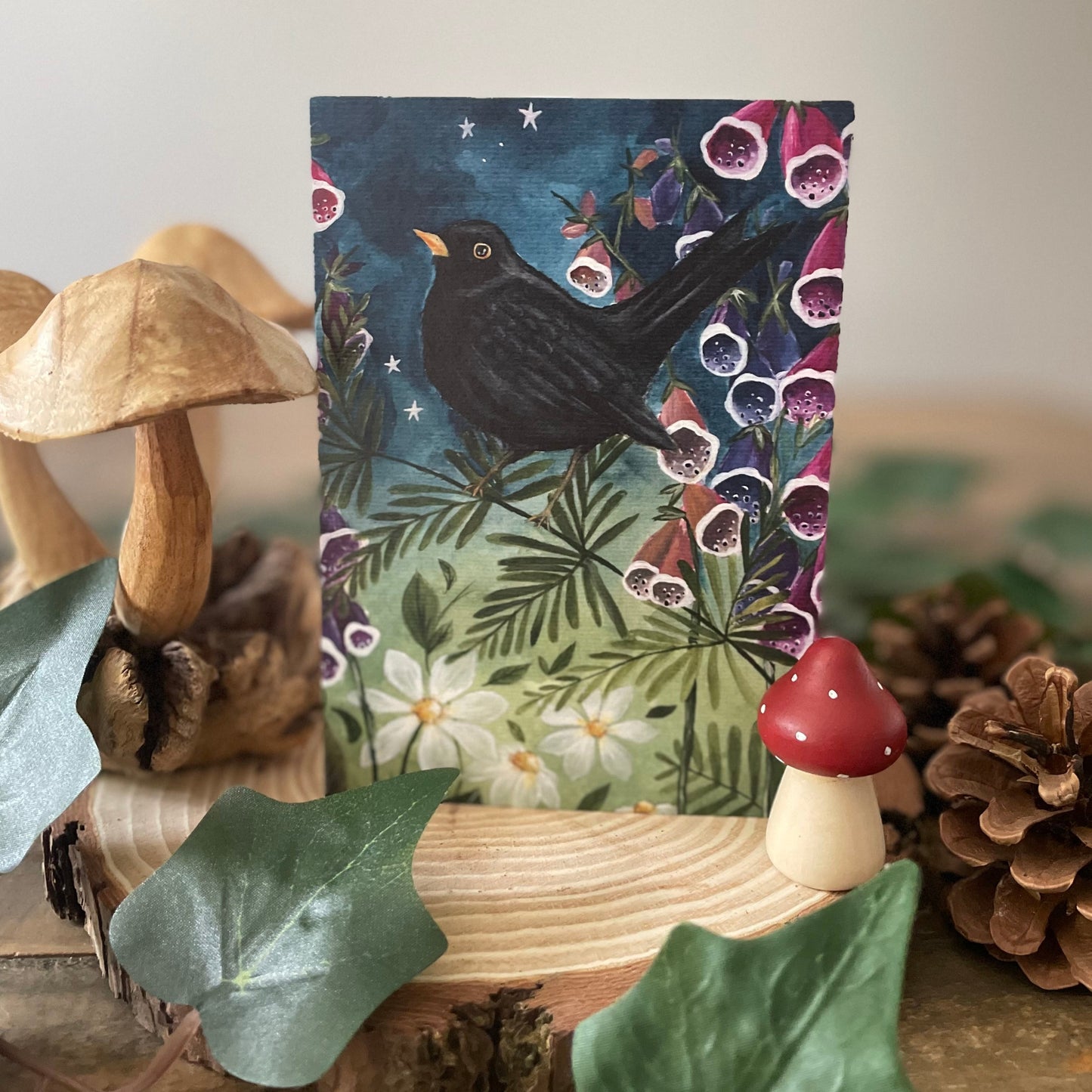 Black Bird & Foxgloves | Woodland Magic Greeting Card