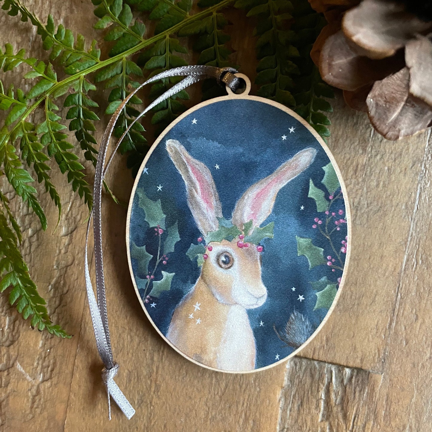 Holly Crown Hare | Wooden Tree Decoration