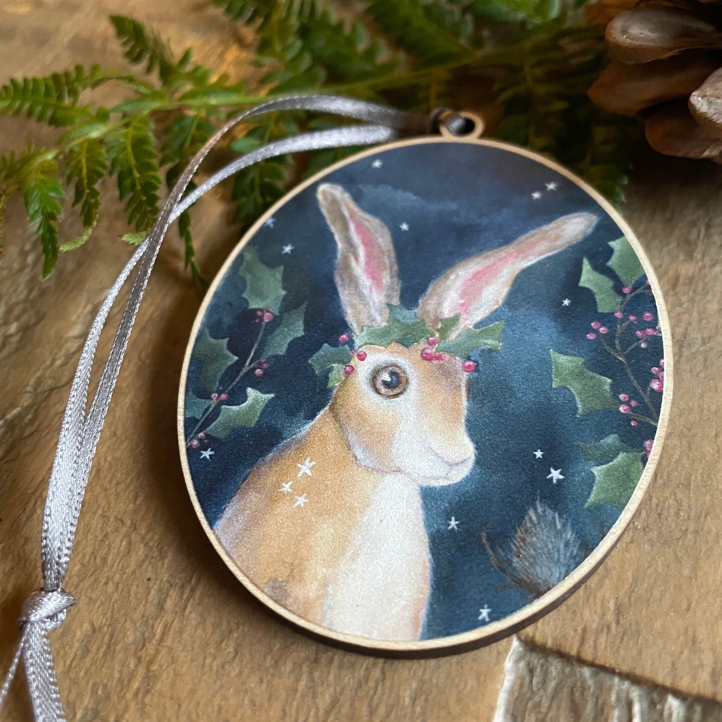 Holly Crown Hare | Wooden Tree Decoration