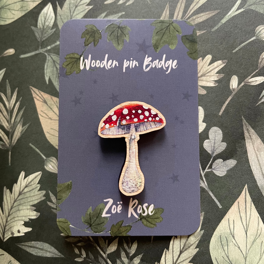 Toadstool Wooden Pin Badge | Red Toadstool