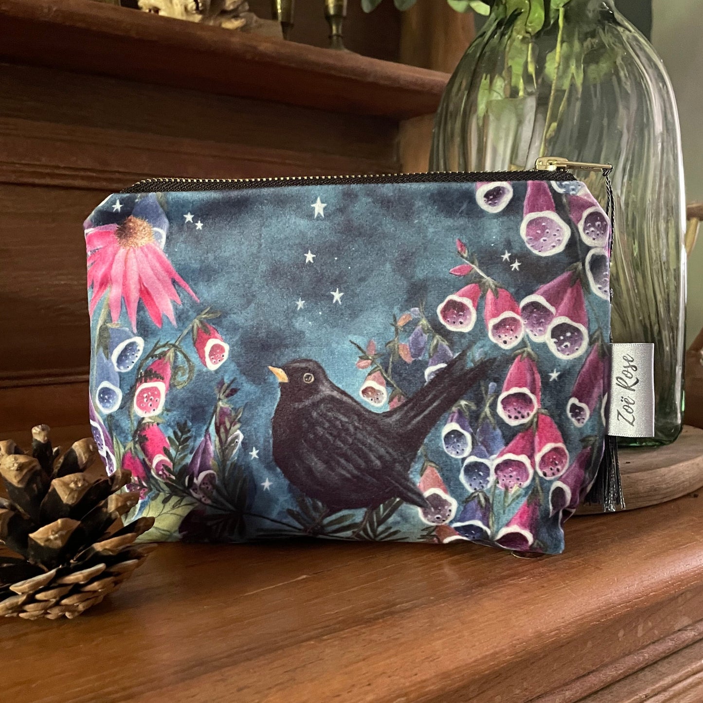 Starry Skies | Blackbird Watercolour Velvet Cosmetic Bag