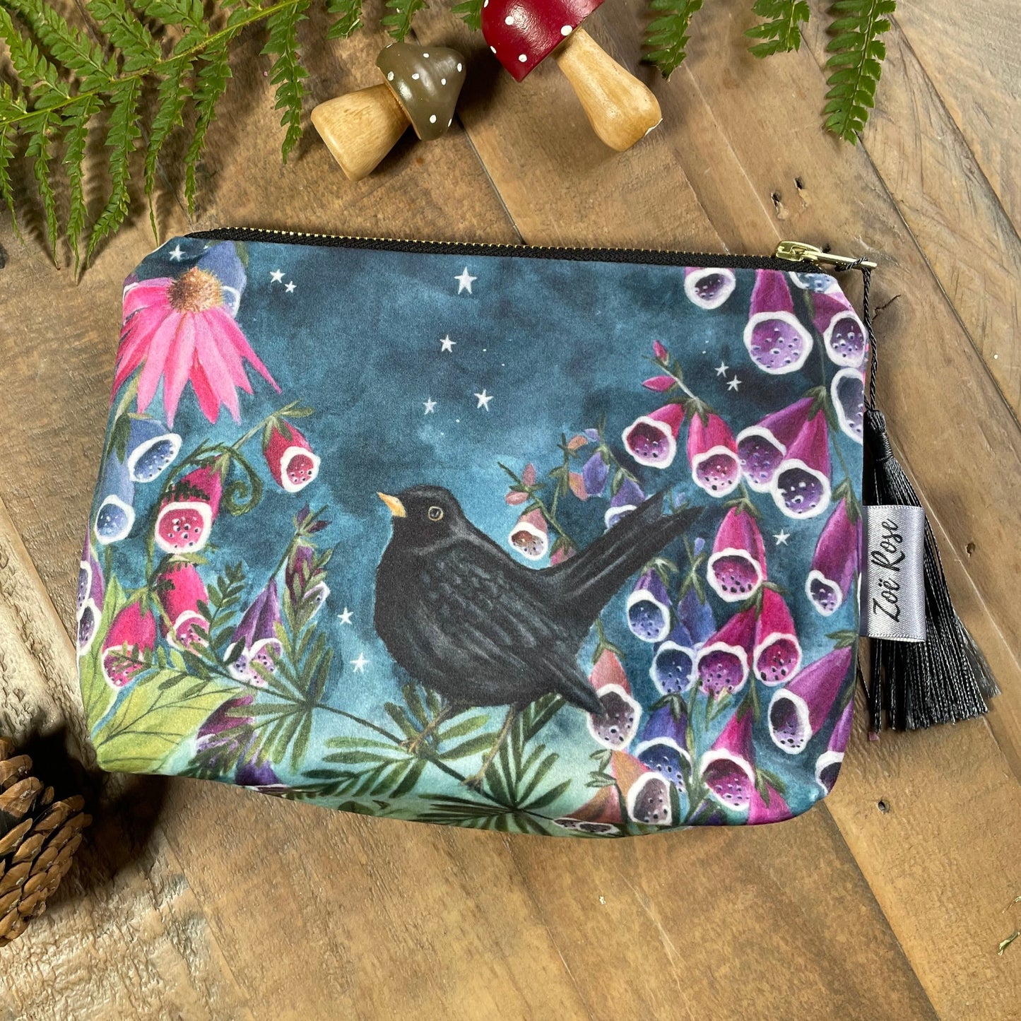 Starry Skies | Blackbird Watercolour Velvet Cosmetic Bag