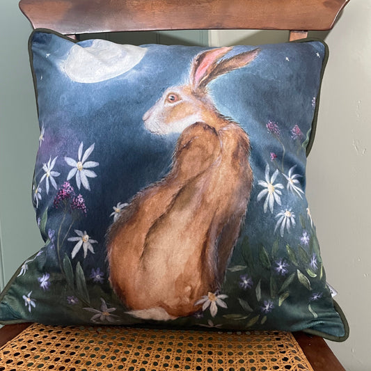 Moon Glow| Hare Watercolour Velvet Cushion