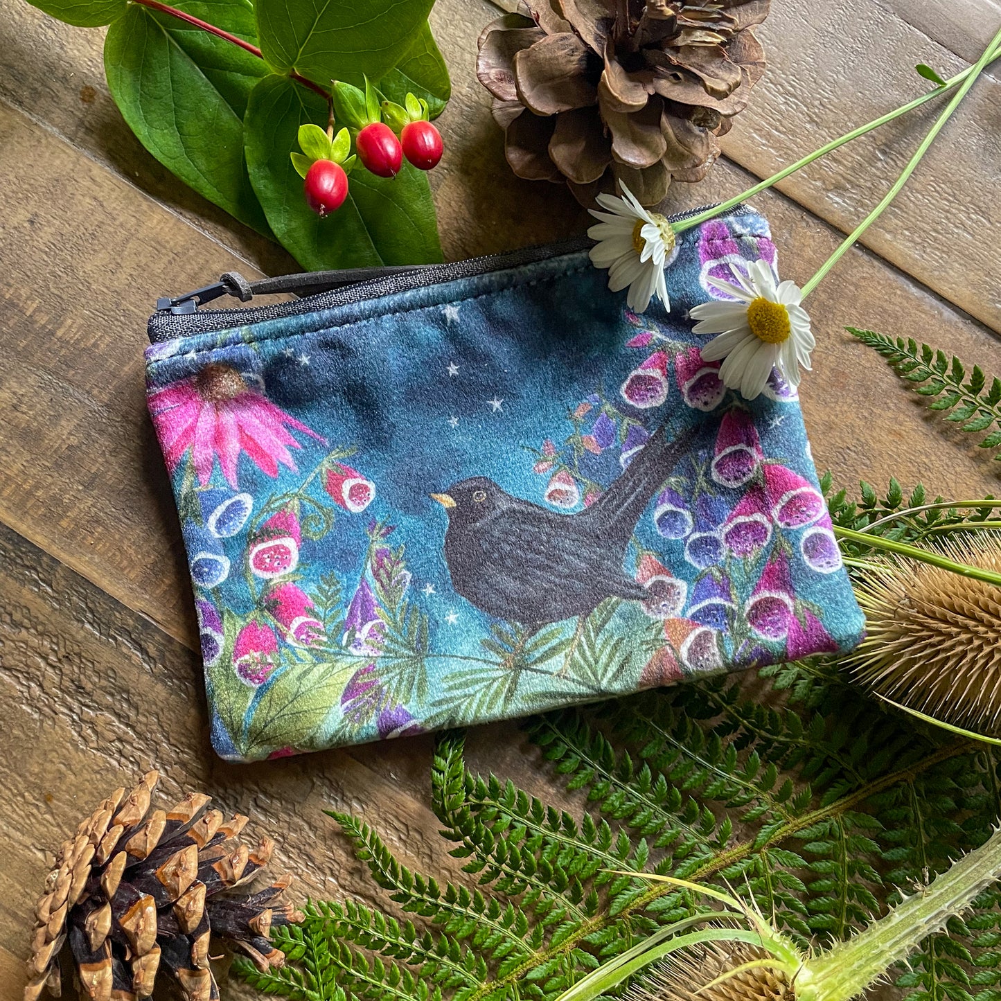 Starry Skies  | Blackbird Watercolour Velvet Coin Purse