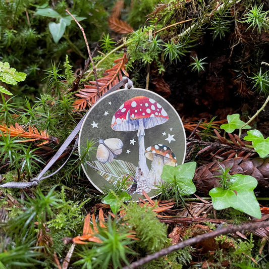 Toadstool & Moth | Wooden Tree Decoration