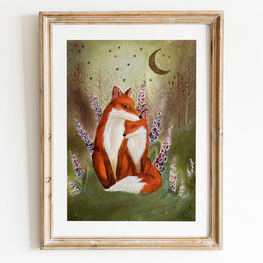 Fox Fine Art Print | Gold Embellished Foxglove Forest