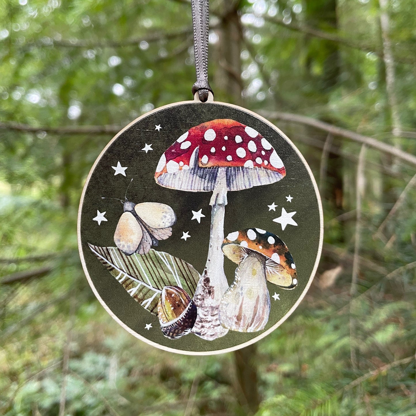 Toadstool & Moth | Wooden Tree Decoration