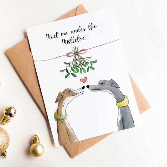 Whippet Christmas Card | Meet Me Under The Mistletoe